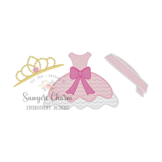 Pageant trio sketch stitch machine embroidery design file, crown jewels, dress with bow, sash, princess queen, quick stitch, antebellum gown
