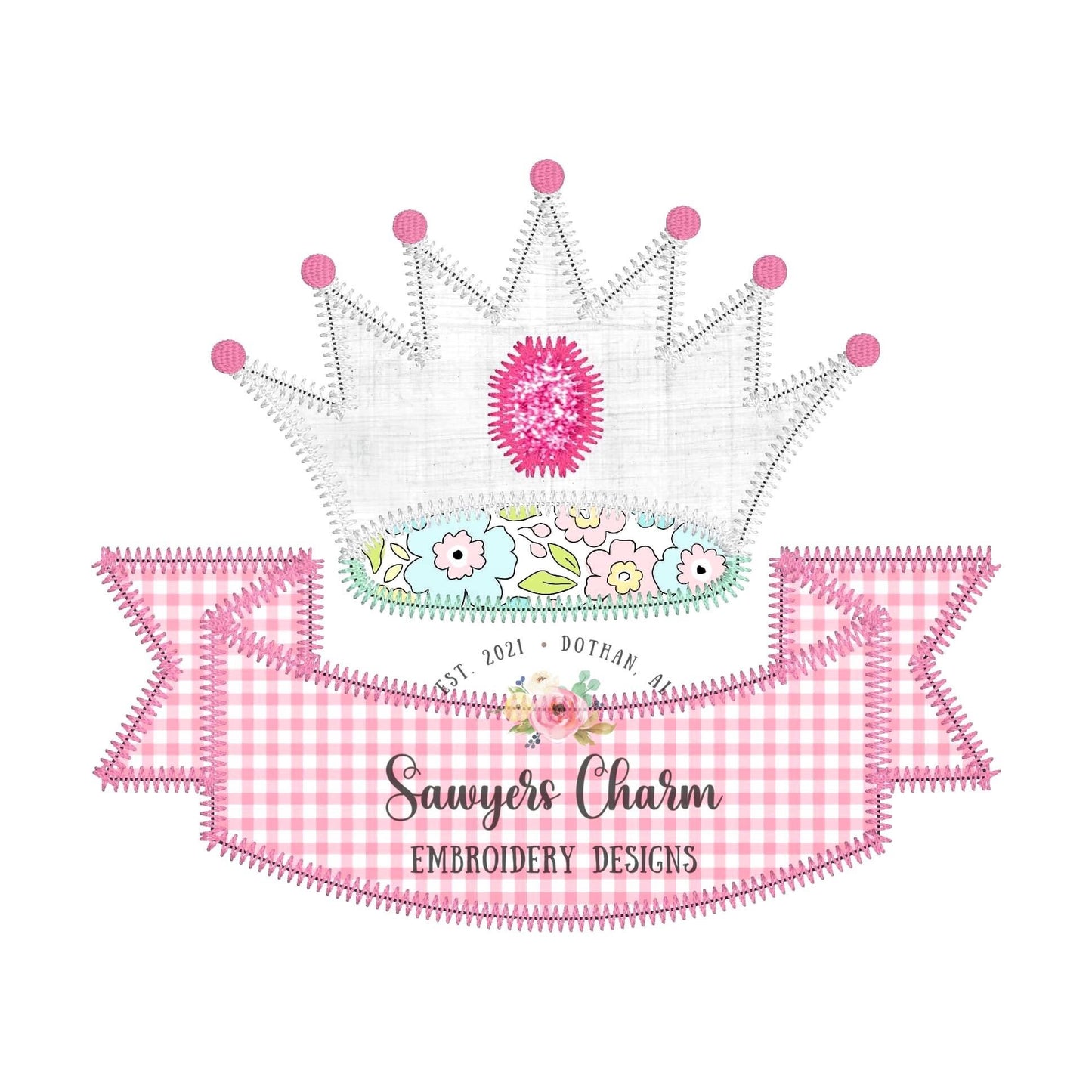 BUNDLE Crown with Curved Ribbon banner name plate/frame, machine applique embroidery design file, bean & zig zag stitch, jewels, pageant