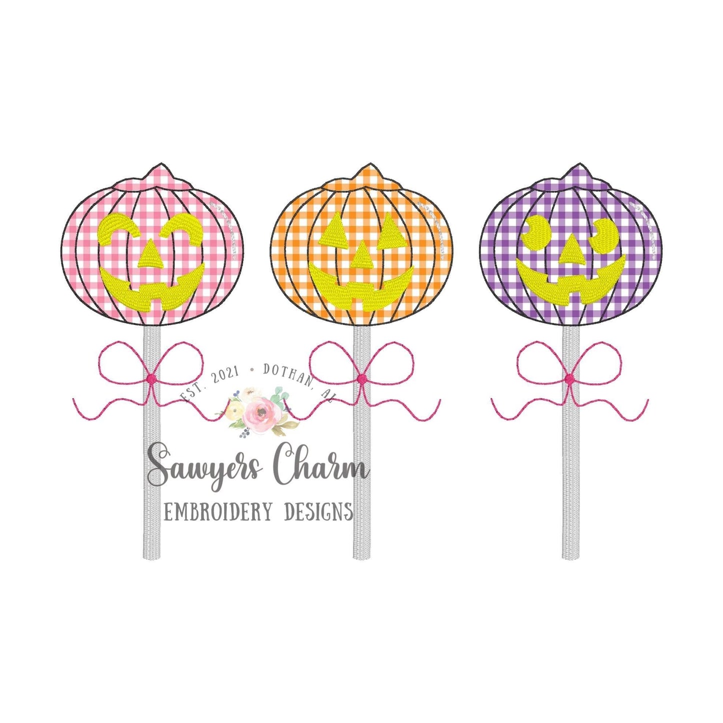 BUNDLE Halloween jackolantern lollipops trio bean & zigzag stitch applique, machine embroidery design file, with/without bows, fall pumpkin
