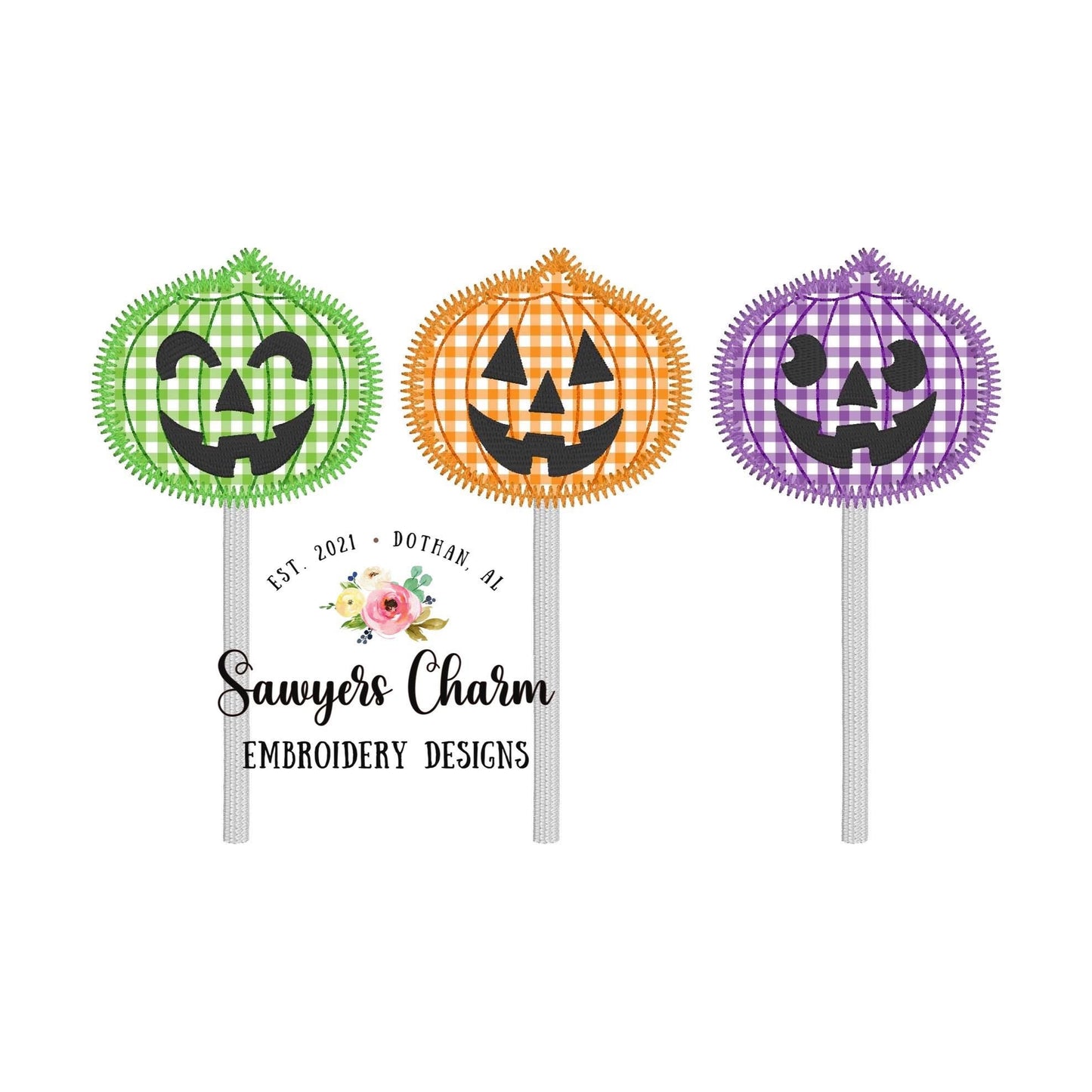 BUNDLE Halloween jackolantern lollipops trio bean & zigzag stitch applique, machine embroidery design file, with/without bows, fall pumpkin