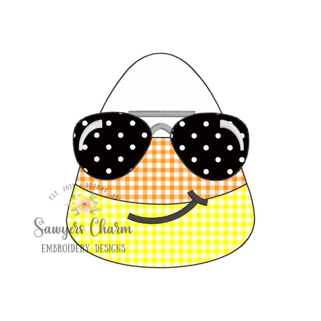 BUNDLE Candy corn with sunglasses bean & zigzag stitch machine applique embroidery design file, Halloween, spooky season, trick or treating