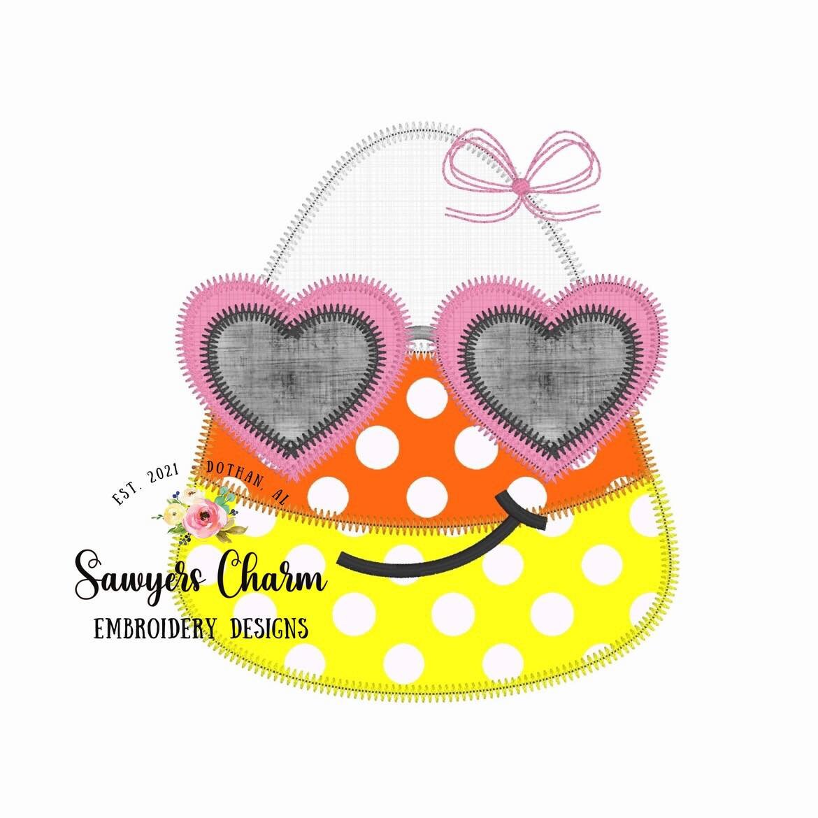 BUNDLE Candy corn with heart sunglasses/bow bean & zigzag stitch machine applique embroidery design file, Halloween spooky trick or treating