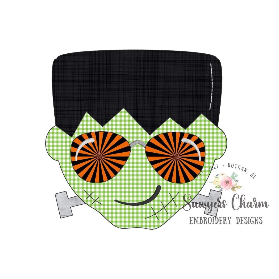 BUNDLE Frankenstein with sunglasses bean & zigzag stitch machine applique embroidery design file, Halloween spooky season, trick or treating
