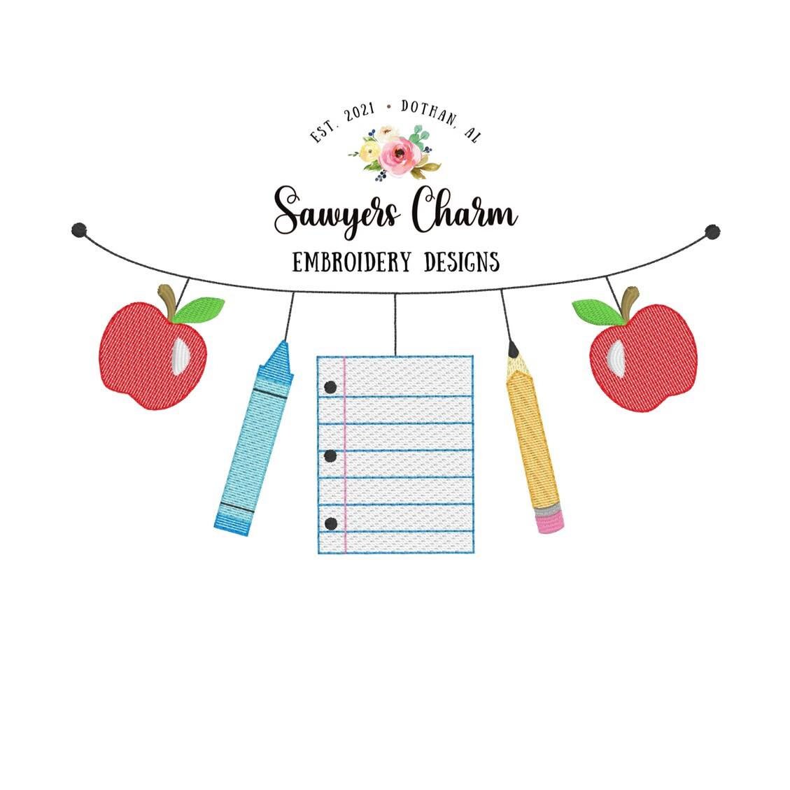 Back to school bunting banner, sketch stitch machine embroidery design file, quick stitch, bean stitch, crayon, pencil, paper, apple