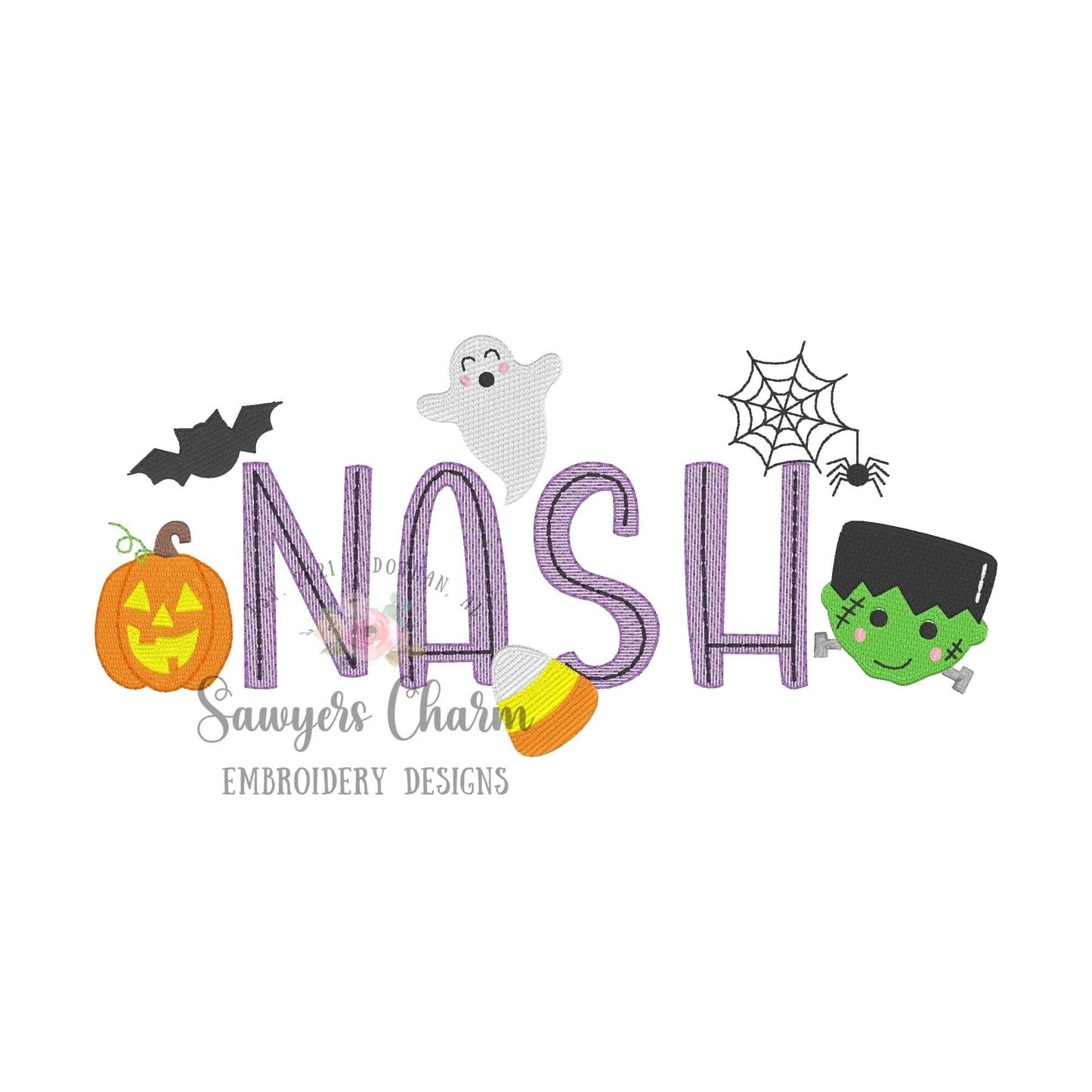 BUNDLE Halloween mini fill machine embroidery design file, ghost, Frankenstein, jackolantern, bat, flower, bow, spiderweb, candy corn, retro