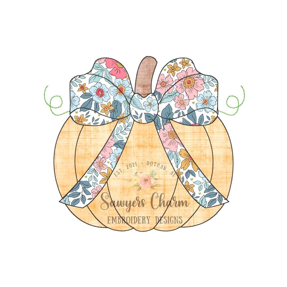 BUNDLE Pumpkin with bow bean & zigzag stitch applique, machine embroidery design file, fall, halloween, fall leaves, pumpkin patch, quick