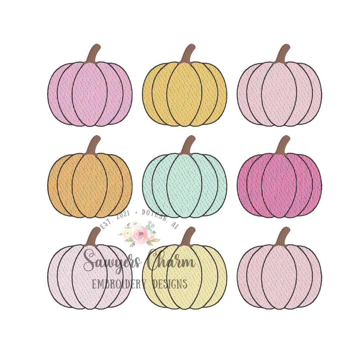 Retro pumpkins 9 in a row sketch stitch embroidery design file, fall, halloween, fall leaves, pumpkin patch, quick stitch, groovy