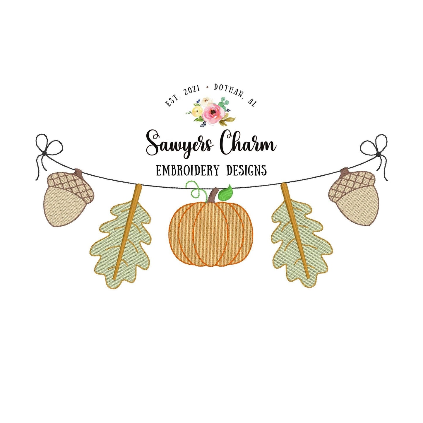 BUNDLE Acorn, leaves, pumpkin bunting banner, sketch stitch embroidery design file, halloween, pumpkin patch, bean stitch, thanksgiving fall