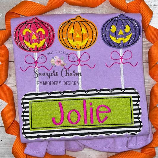 BUNDLE Halloween jackolantern lollipops trio bean & zigzag stitch applique, machine embroidery design file, with/without bows, fall pumpkin