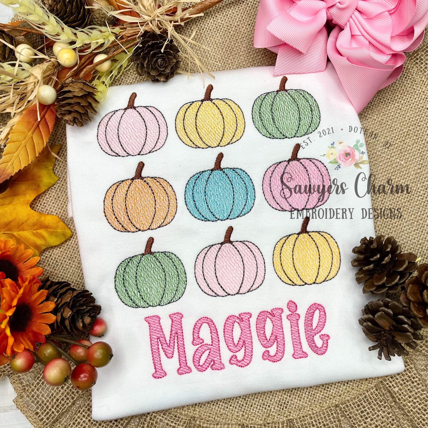 Retro pumpkins 9 in a row sketch stitch embroidery design file, fall, halloween, fall leaves, pumpkin patch, quick stitch, groovy