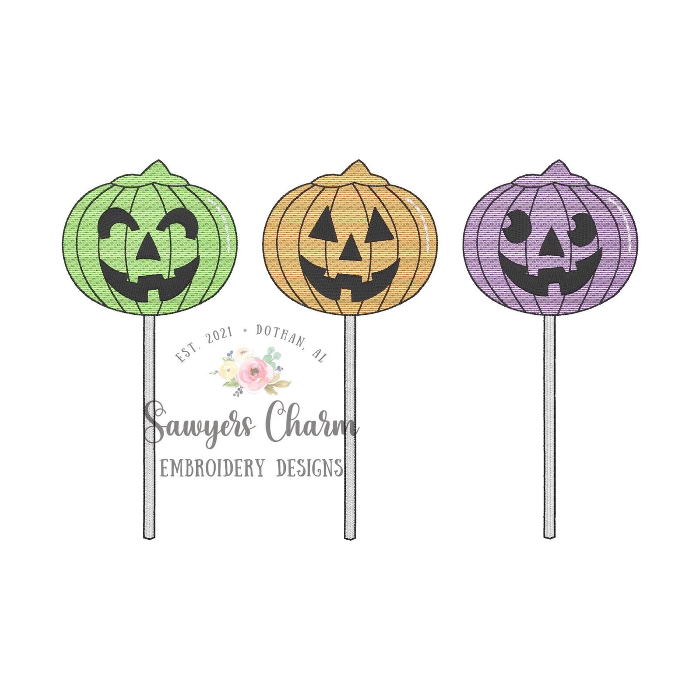 BUNDLE Halloween jackolantern lollipops trio sketch stitch machine embroidery design file, with & without bows, quick stitch, fall pumpkin