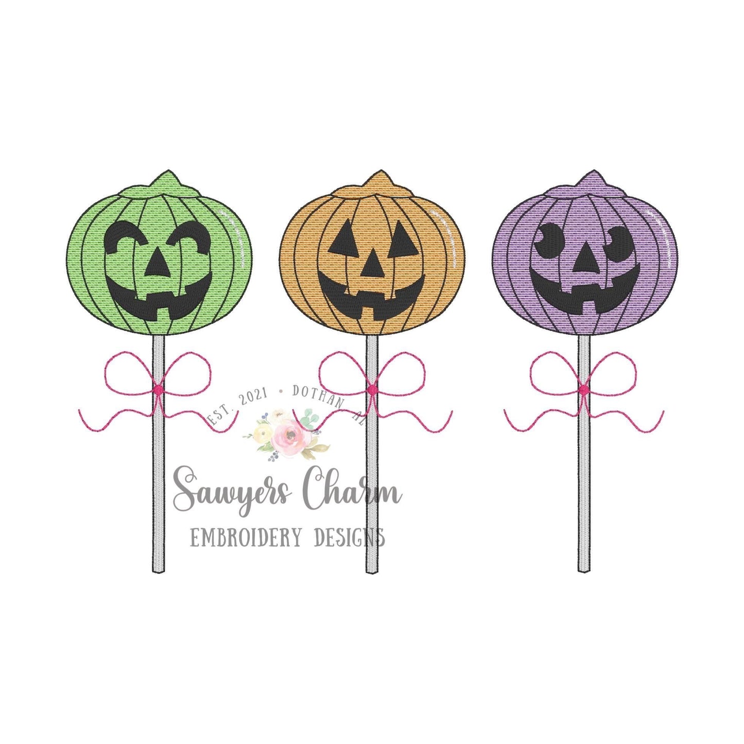 BUNDLE Halloween jackolantern lollipops trio sketch stitch machine embroidery design file, with & without bows, quick stitch, fall pumpkin