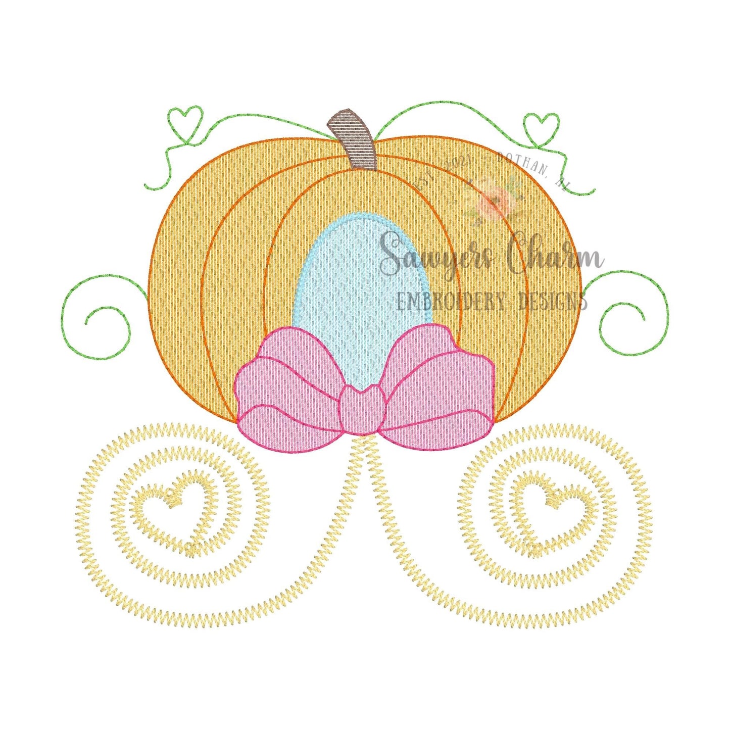 Pumpkin princess carriage with bow sketch stitch machine embroidery design file, halloween, fall pumpkin, girly girl, queen