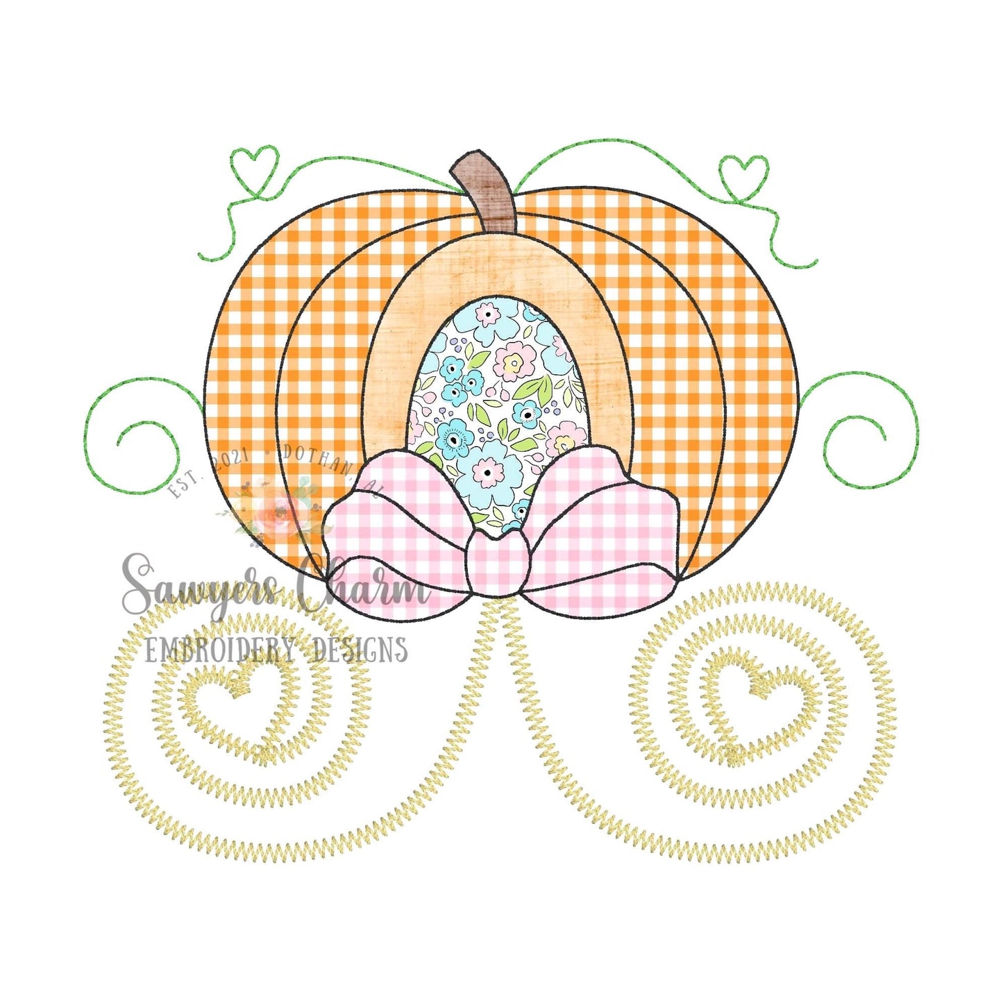 BUNDLE Pumpkin princess carriage with bow bean & zigzag stitch applique, machine embroidery design file, halloween, fall pumpkin, girly girl