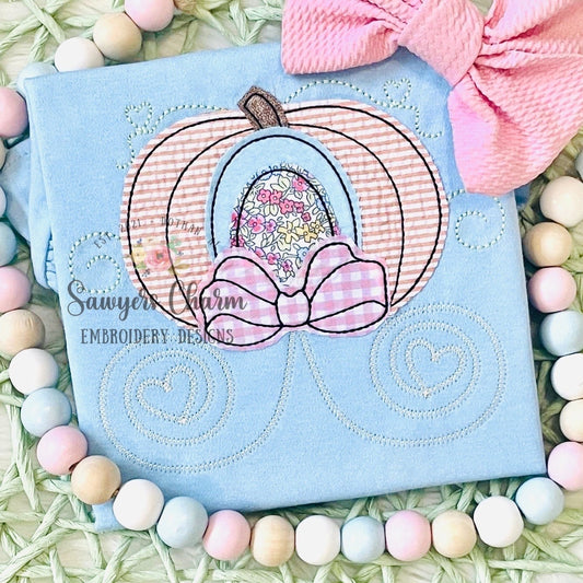 BUNDLE Pumpkin princess carriage with bow bean & zigzag stitch applique, machine embroidery design file, halloween, fall pumpkin, girly girl