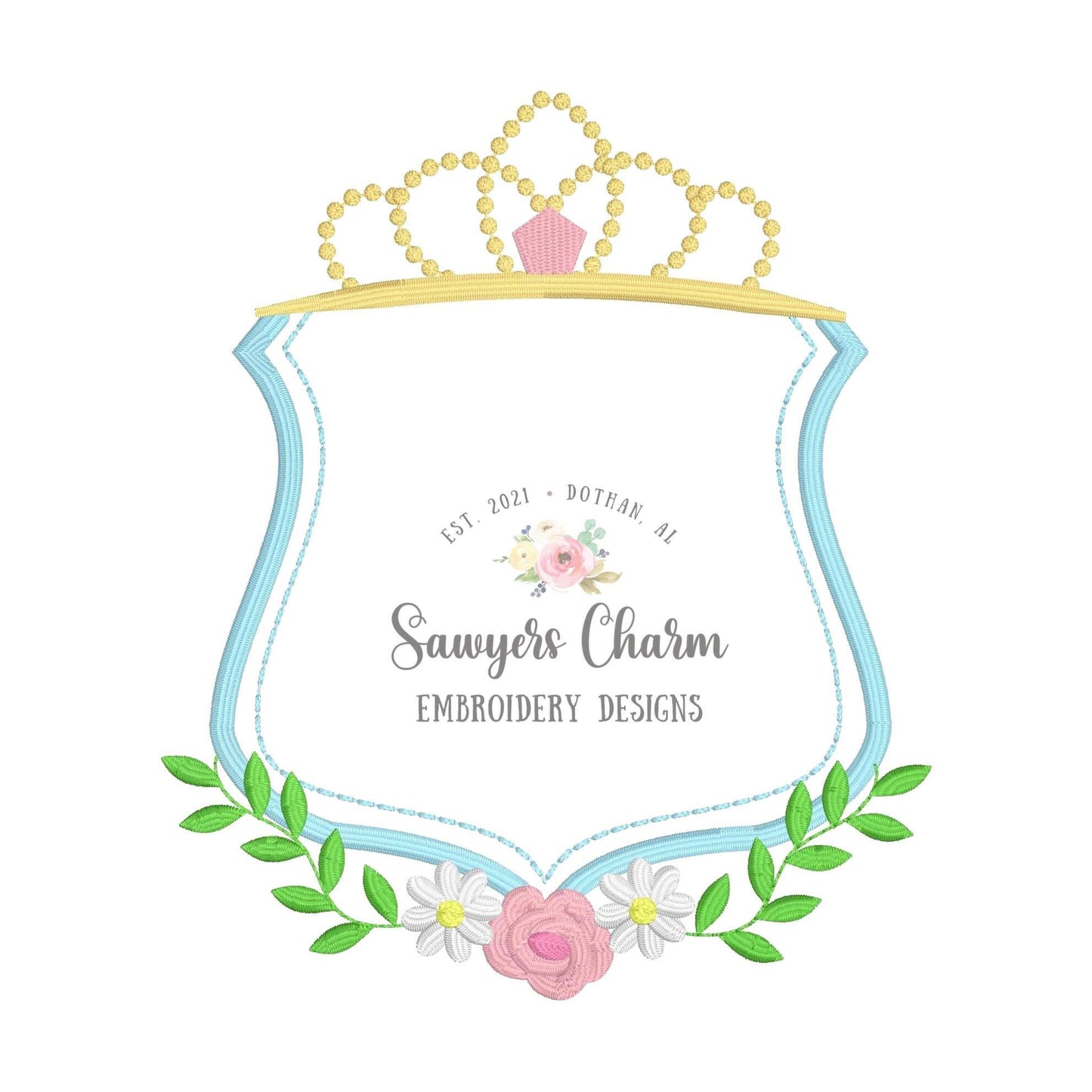 Floral crown monogram frame, satin stitch machine embroidery design file, crown jewels, princess, quick stitch, flowers, swag, winner