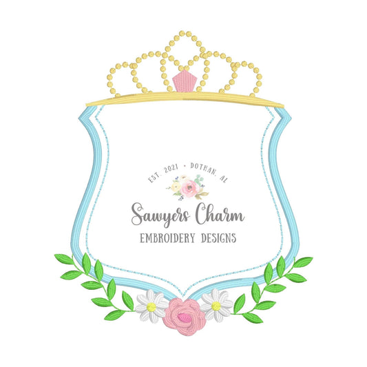 Floral crown monogram frame, satin stitch machine embroidery design file, crown jewels, princess, quick stitch, flowers, swag, winner