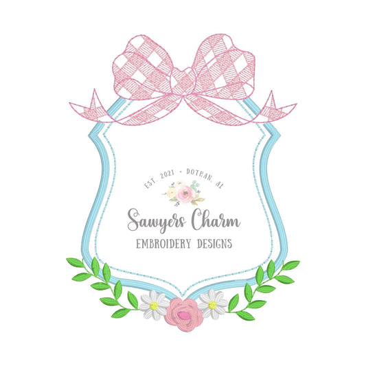 Gingham bow floral monogram frame, satin stitch/sketch stitch machine embroidery design file, quick stitch, flowers, laurel swag, crest