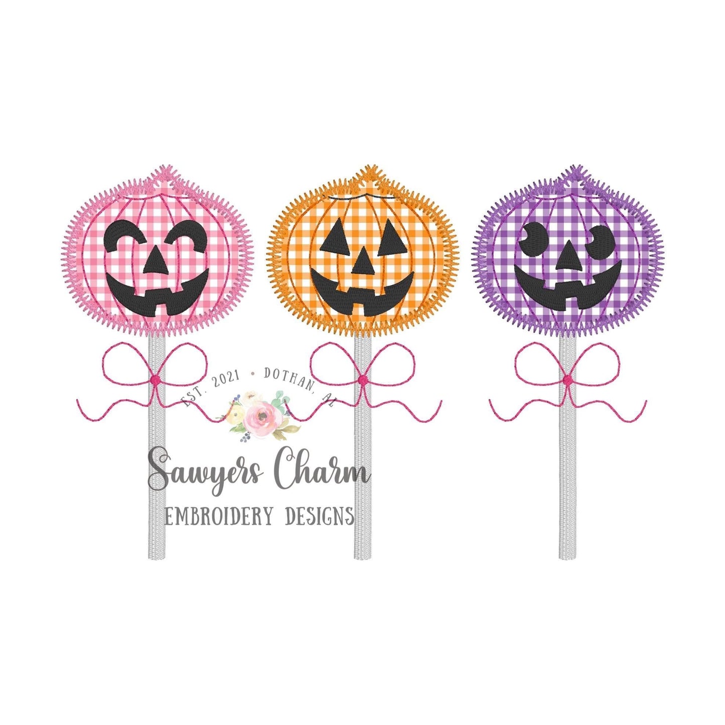 BUNDLE Halloween jackolantern lollipops trio bean & zigzag stitch applique, machine embroidery design file, with/without bows, fall pumpkin