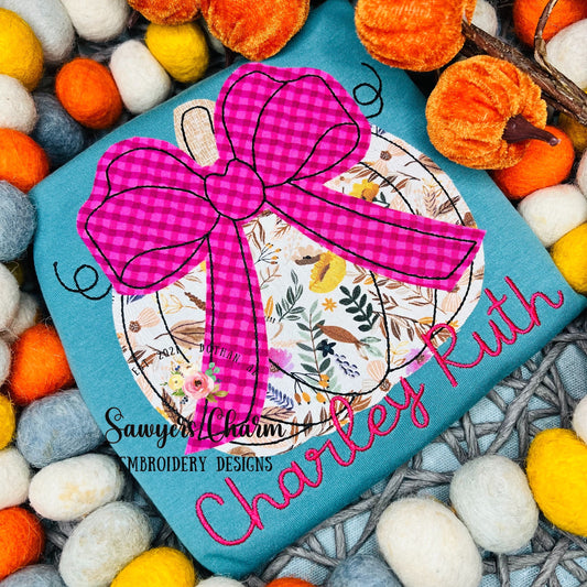 BUNDLE Pumpkin with bow bean & zigzag stitch applique, machine embroidery design file, fall, halloween, fall leaves, pumpkin patch, quick