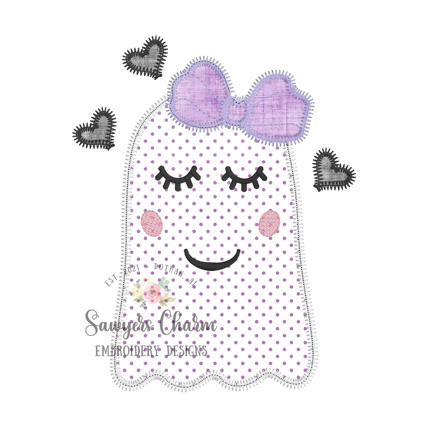 BUNDLE Ghost with bow and hearts zig zag & bean stitch applique machine embroidery design file, quick stitch, fall, halloween, spooky season