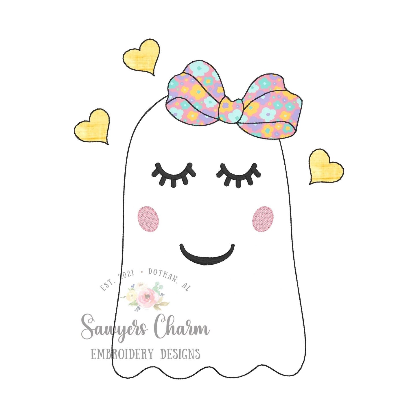 BUNDLE Ghost with bow and hearts zig zag & bean stitch applique machine embroidery design file, quick stitch, fall, halloween, spooky season