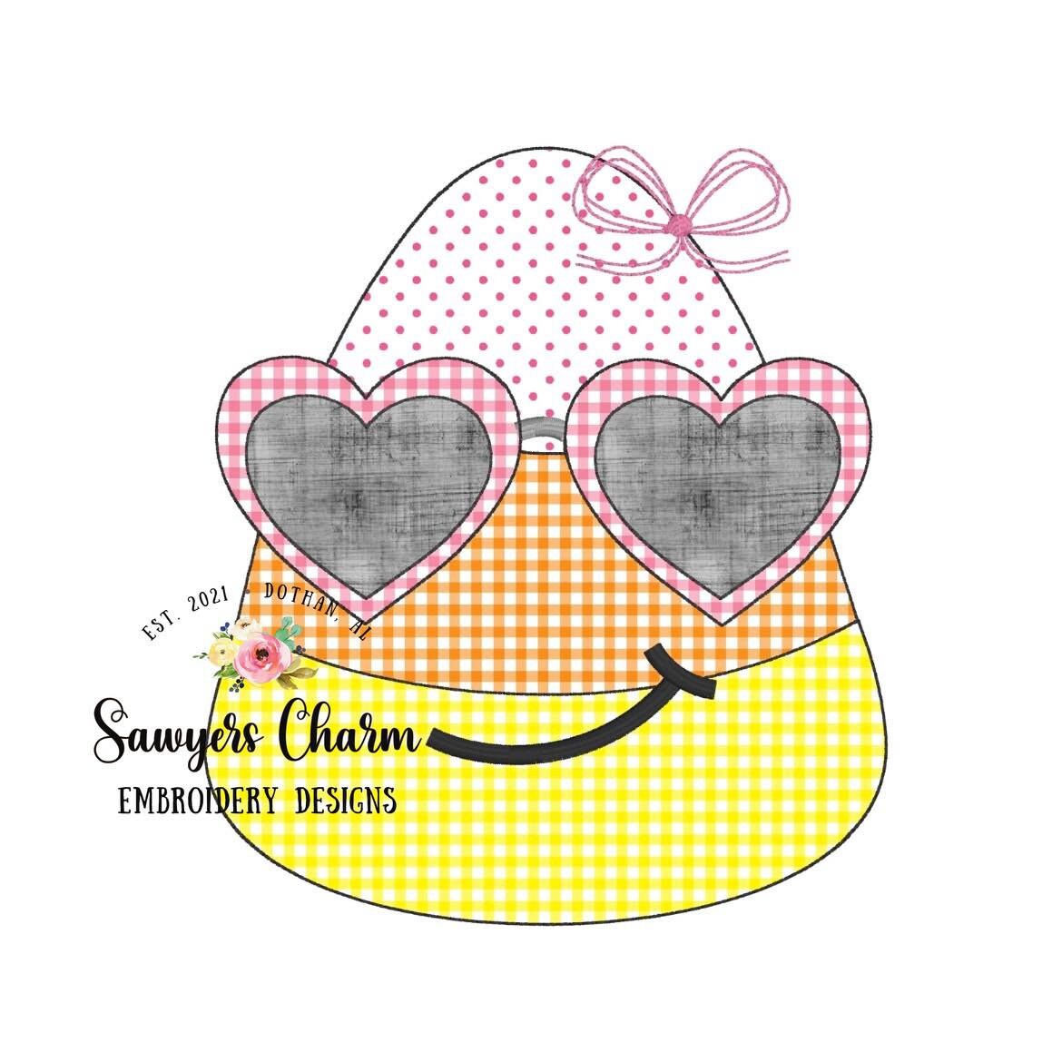 BUNDLE Candy corn with heart sunglasses/bow bean & zigzag stitch machine applique embroidery design file, Halloween spooky trick or treating