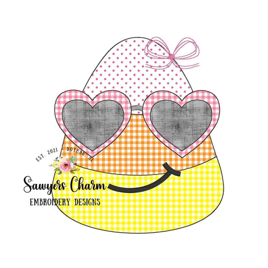 BUNDLE Candy corn with heart sunglasses/bow bean & zigzag stitch machine applique embroidery design file, Halloween spooky trick or treating