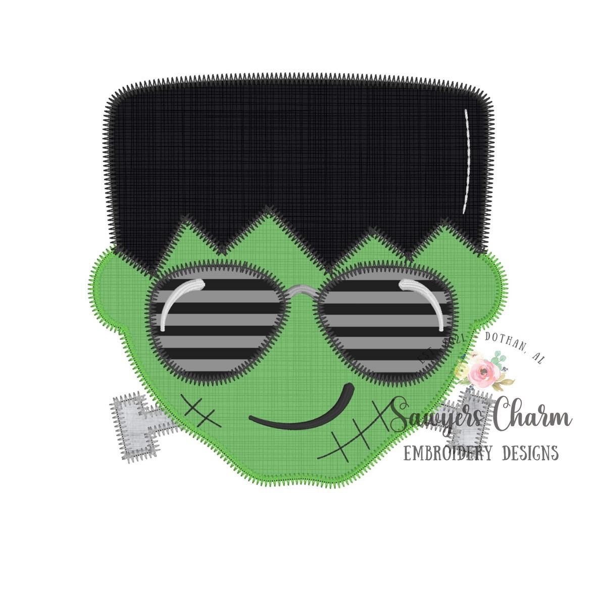 BUNDLE Frankenstein with sunglasses bean & zigzag stitch machine applique embroidery design file, Halloween spooky season, trick or treating