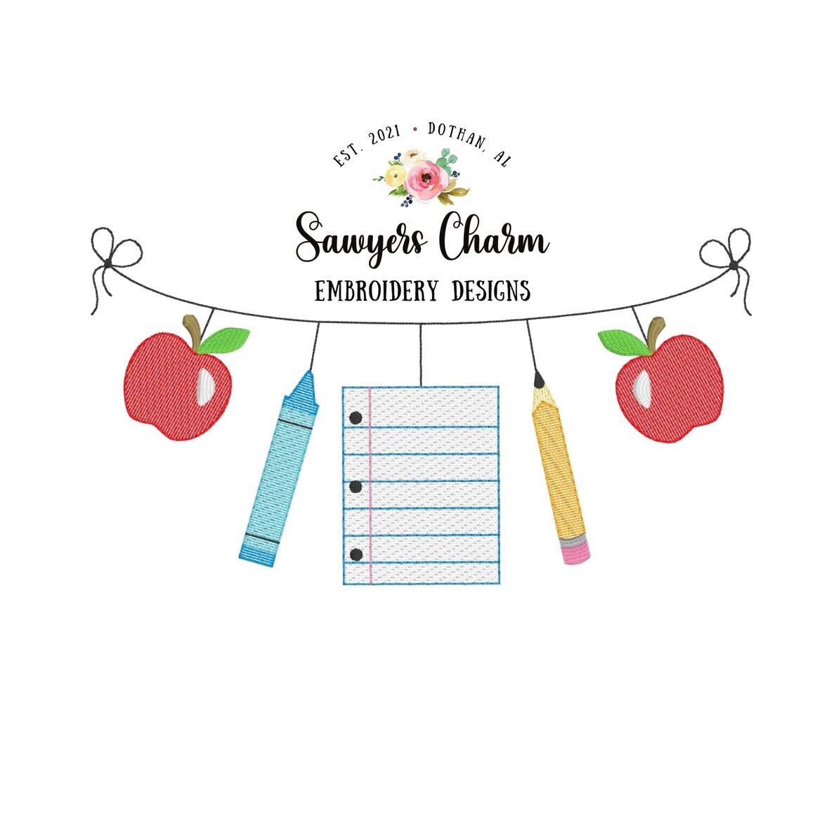 Back to school bunting banner, sketch stitch machine embroidery design file, quick stitch, bean stitch, crayon, pencil, paper, apple
