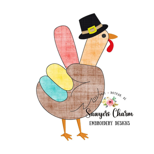 Pilgrim Turkey peace sign bean stitch machine applique embroidery design file, fall, thanksgiving, gobble, quick stitch, retro groovy
