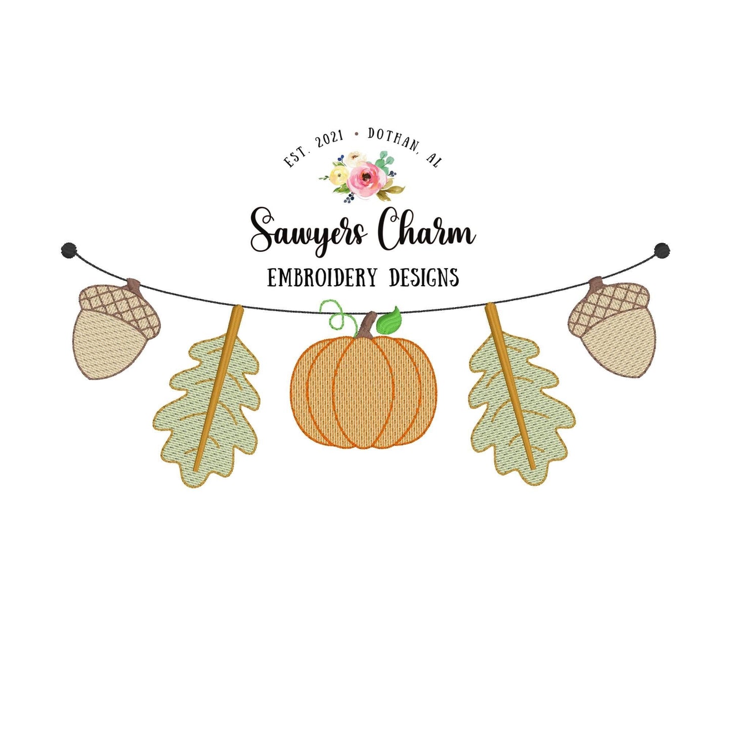 BUNDLE Acorn, leaves, pumpkin bunting banner, sketch stitch embroidery design file, halloween, pumpkin patch, bean stitch, thanksgiving fall