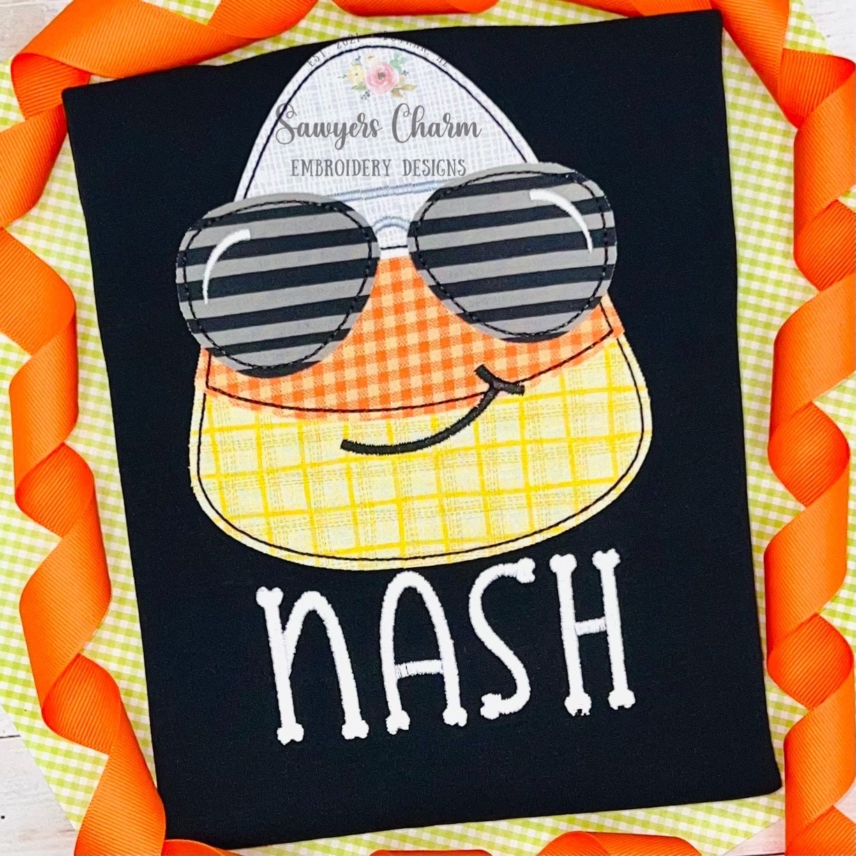 BUNDLE Candy corn with sunglasses bean & zigzag stitch machine applique embroidery design file, Halloween, spooky season, trick or treating