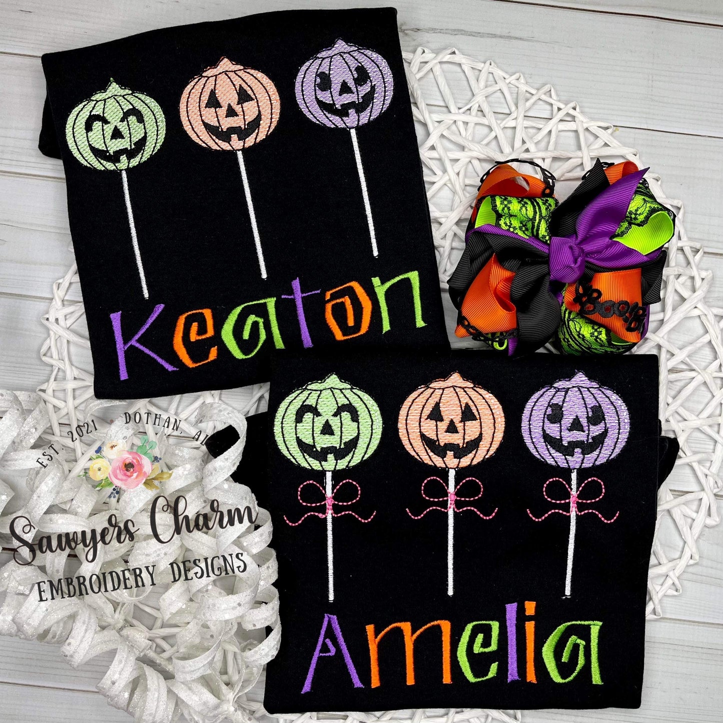 BUNDLE Halloween jackolantern lollipops trio sketch stitch machine embroidery design file, with & without bows, quick stitch, fall pumpkin