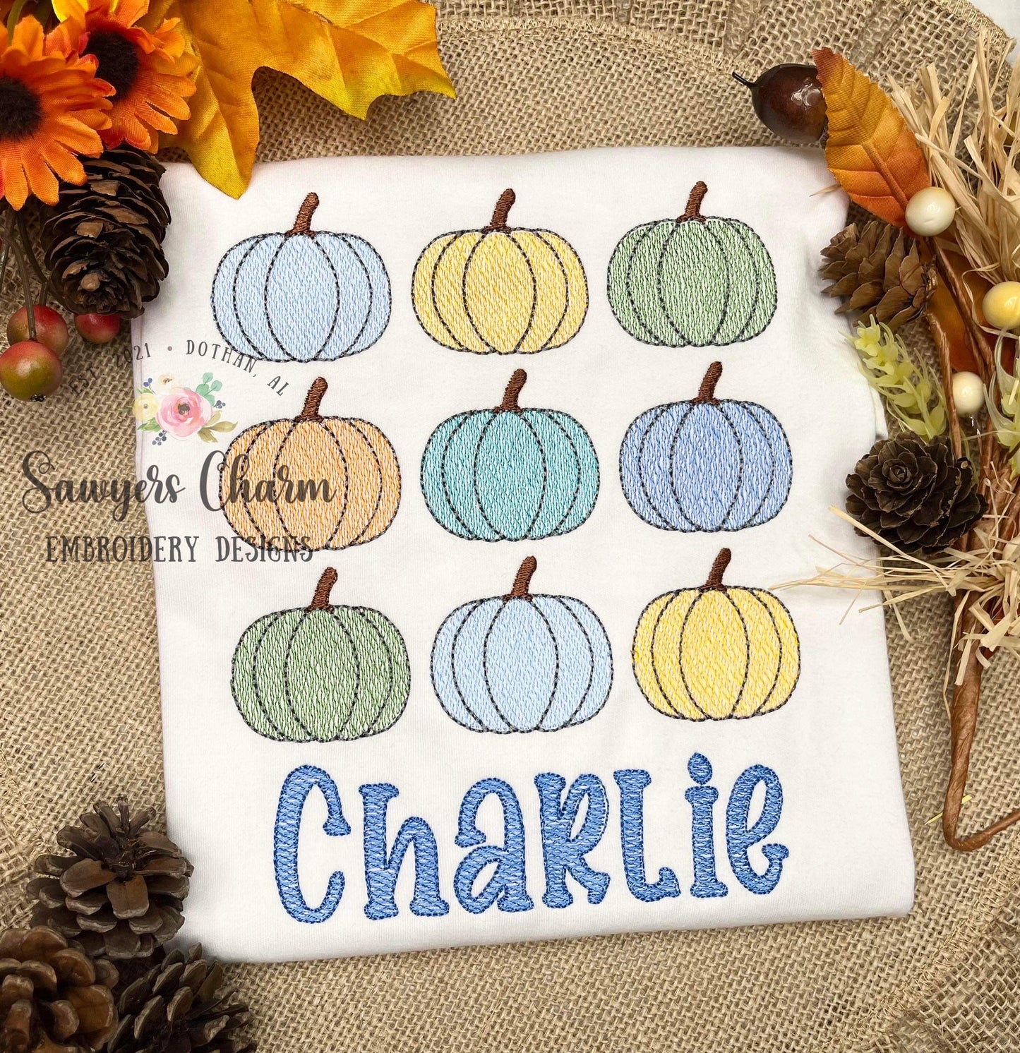 Retro pumpkins 9 in a row sketch stitch embroidery design file, fall, halloween, fall leaves, pumpkin patch, quick stitch, groovy
