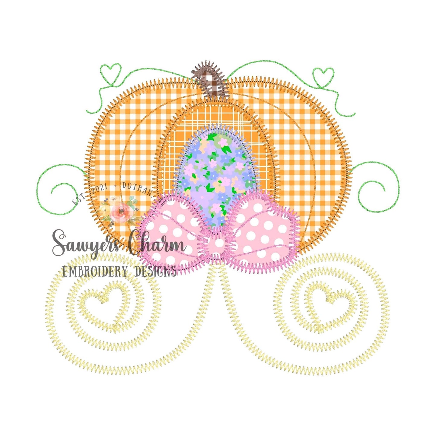 BUNDLE Pumpkin princess carriage with bow bean & zigzag stitch applique, machine embroidery design file, halloween, fall pumpkin, girly girl