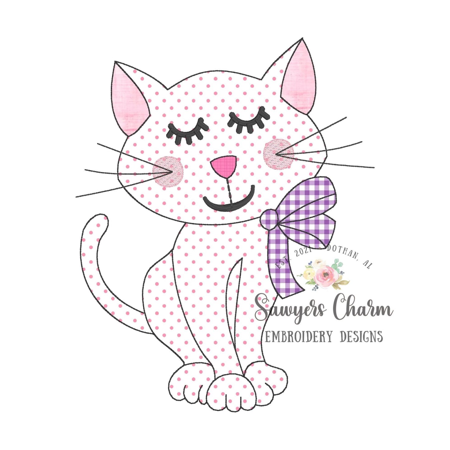 BUNDLE Sweet kitty cat with bow zig zag & bean stitch applique machine embroidery design file, fall halloween spooky season, black cat