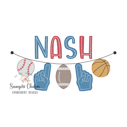 Multi Sports balls with foam finger bunting banner sketch stitch machine embroidery design file, football, basketball, baseball, fan
