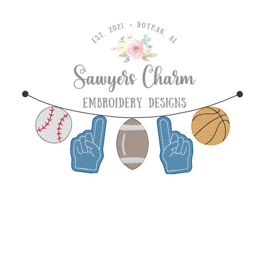 Multi Sports balls with foam finger bunting banner sketch stitch machine embroidery design file, football, basketball, baseball, fan