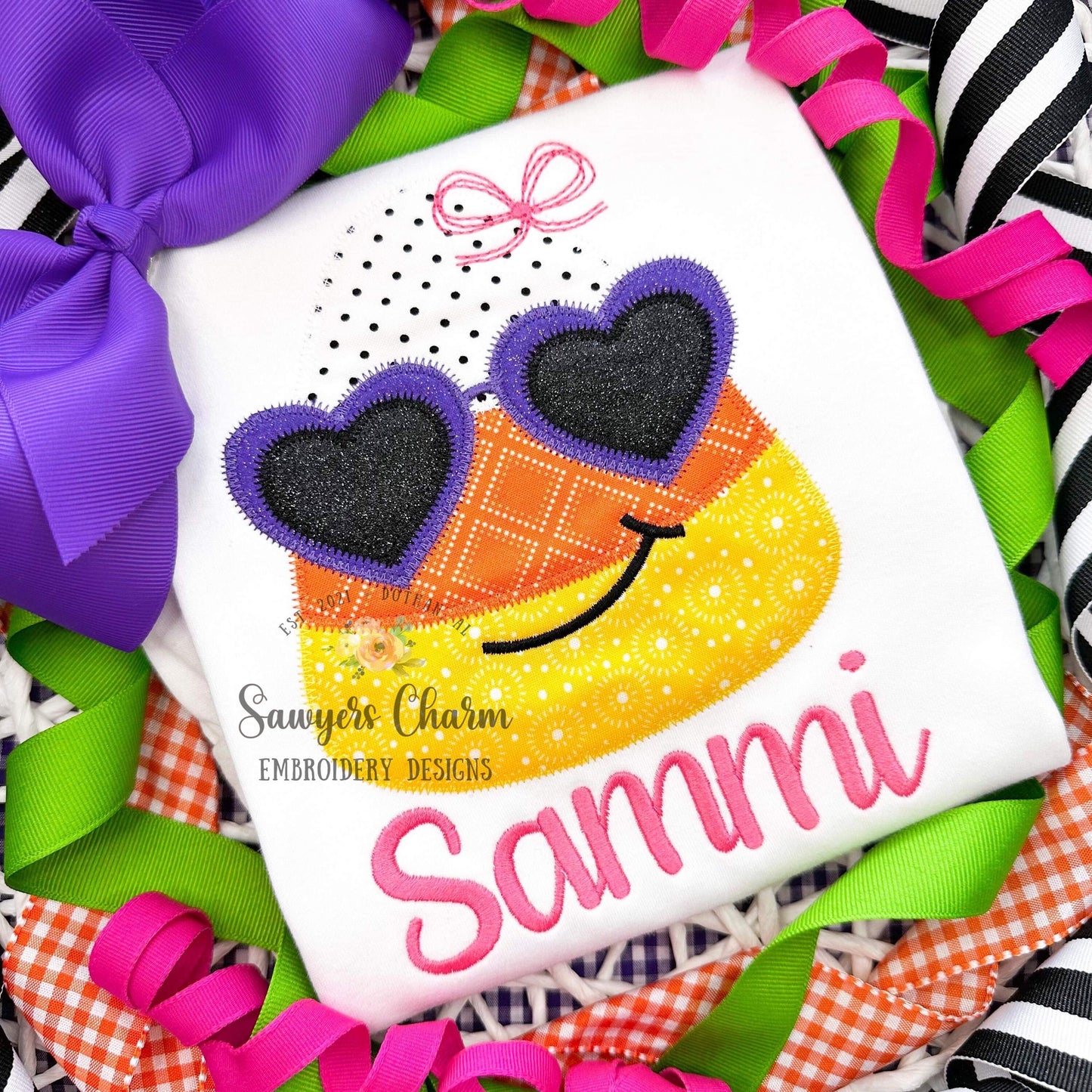 BUNDLE Candy corn with heart sunglasses/bow bean & zigzag stitch machine applique embroidery design file, Halloween spooky trick or treating