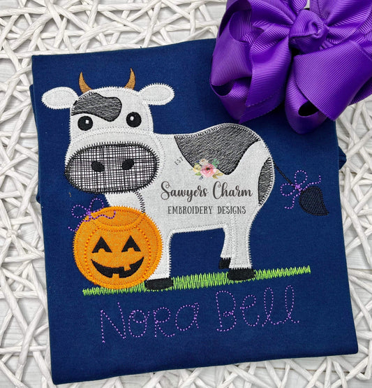 BUNDLE Cow jack o lantern candy bucket, with & without bow zig zag applique, machine embroidery design file, fall pumpkin trick or treating