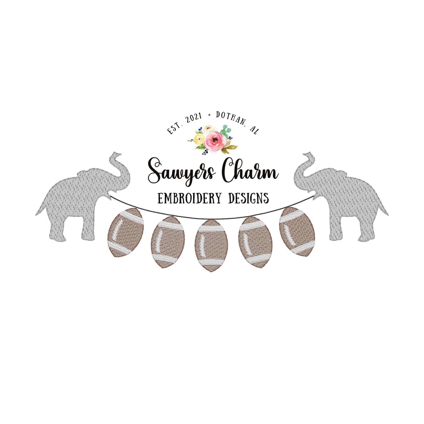 Elephant sports mascot football bunting banner with bows sketch stitch embroidery design file, ball field, college university/high school,