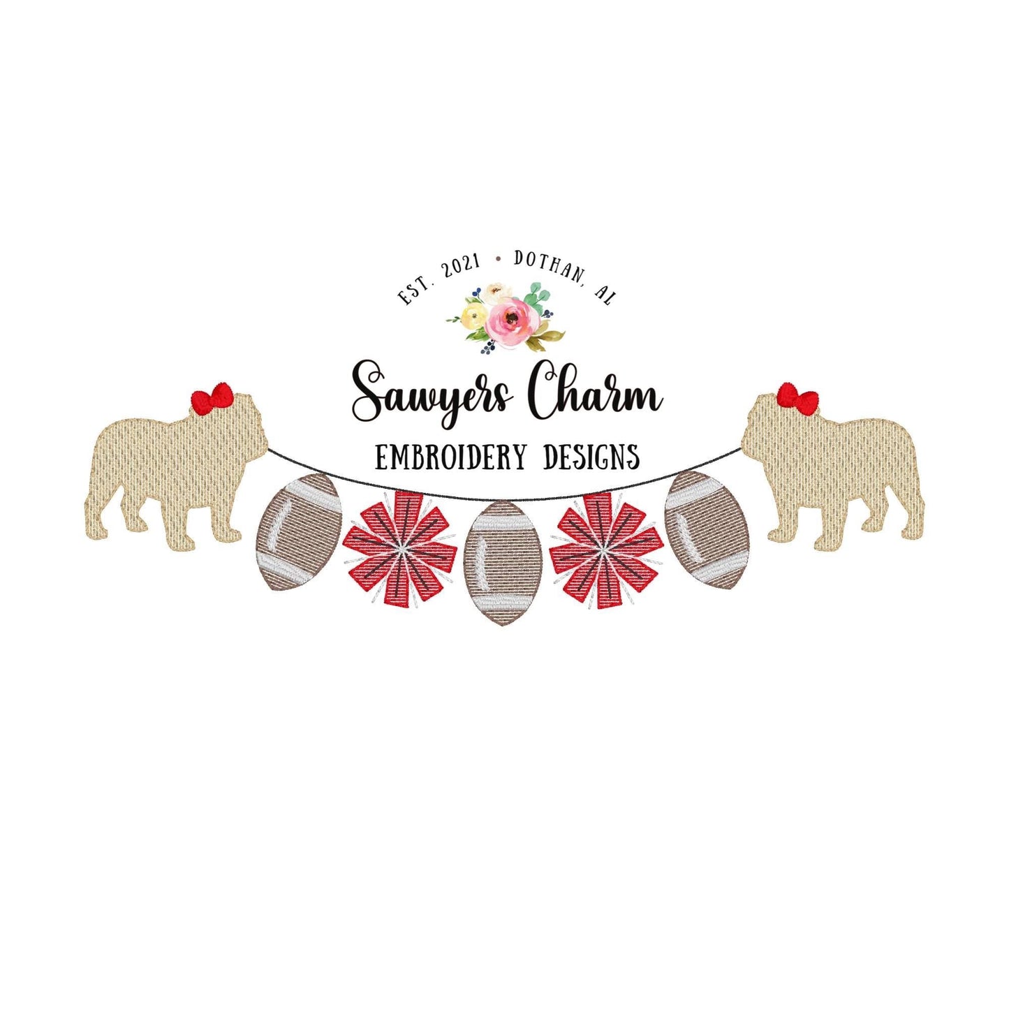 Bulldog sports mascot football pompoms bunting banner with bows sketch fill embroidery design file, cheerleading, college university school