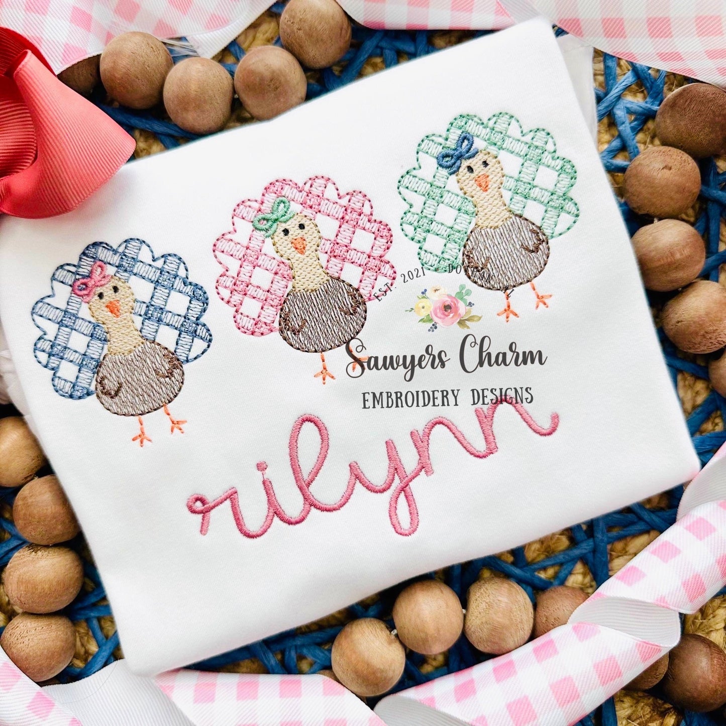 BUNDLE Gingham turkey trio with/without bows sketch stitch embroidery design file, fall, thanksgiving, gobble, plaid check, coquette