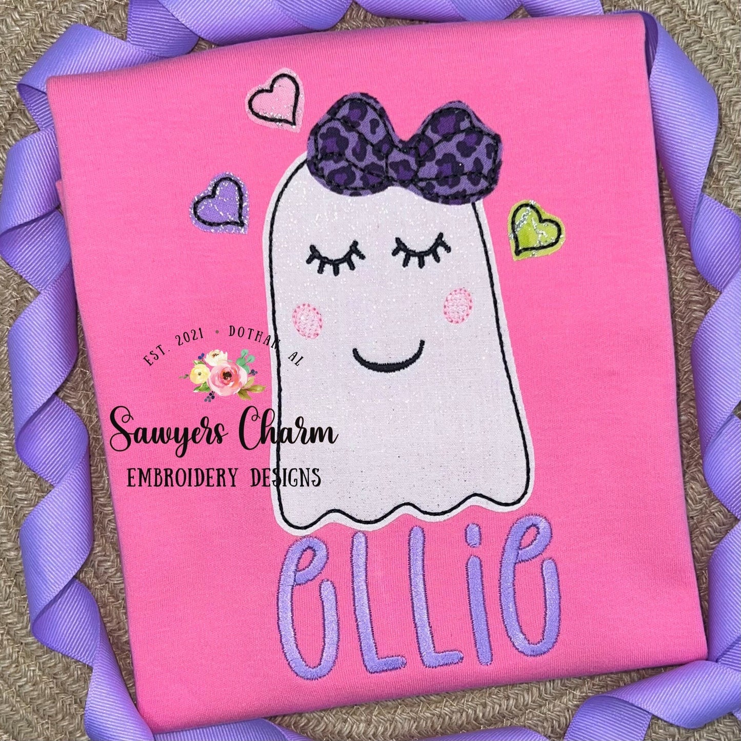 BUNDLE Ghost with bow and hearts zig zag & bean stitch applique machine embroidery design file, quick stitch, fall, halloween, spooky season