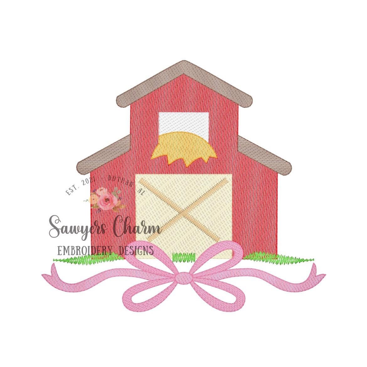 Barn with bow sketch stitch machine embroidery design file, quick stitch, bean stitch details, fall, farmer, farm, outdoors, grass