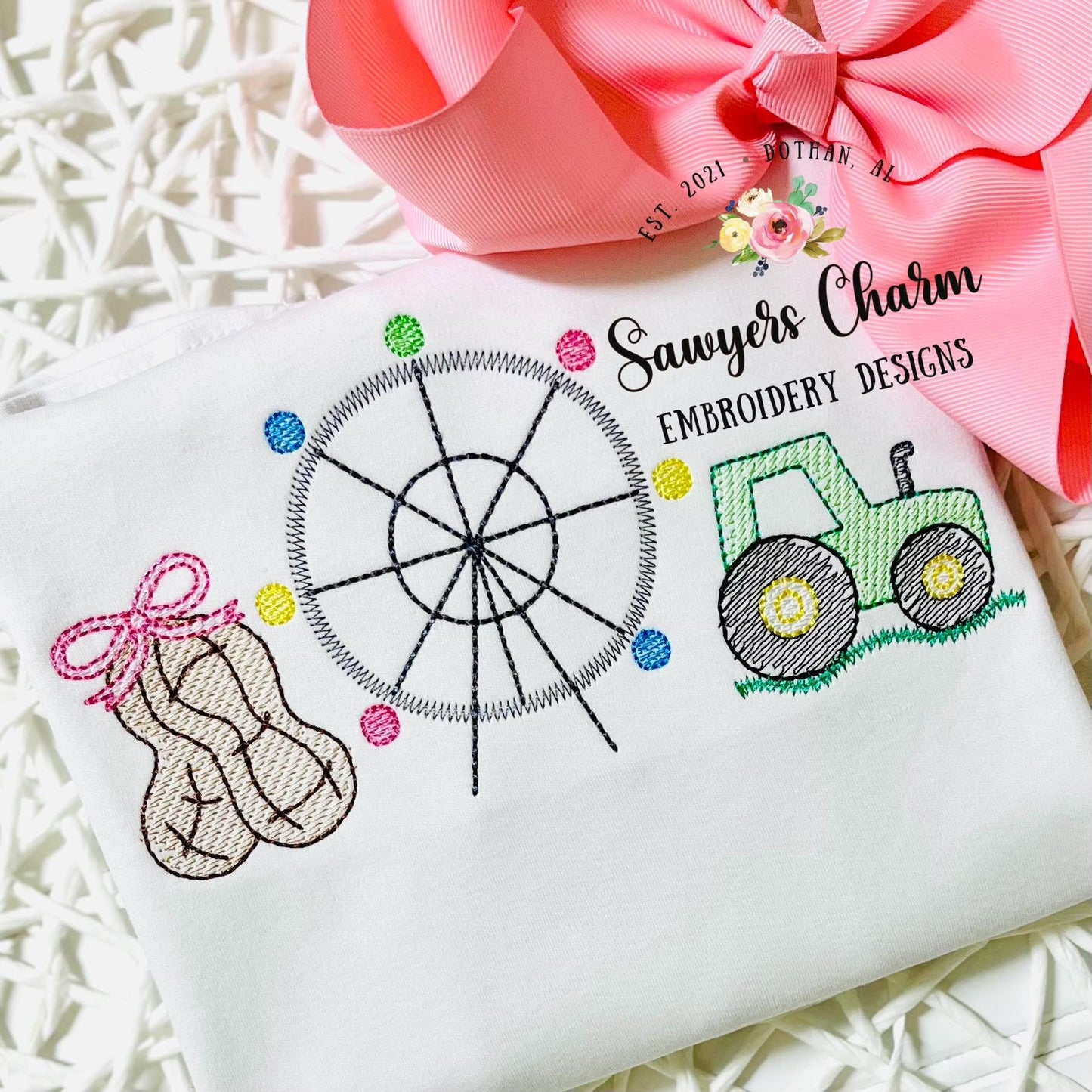 Tractor peanut with bow ferris wheel sketch stitch machine embroidery design file, bean stitch details, farm harvest, dirt hauler, festival