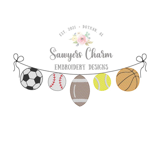 BUNDLE Multi Sports balls bunting banner sketch stitch machine embroidery design file, tennis, football, basketball, baseball, soccer