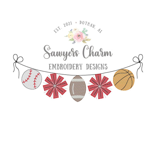 Multi Sports balls with pom poms bunting banner sketch stitch machine embroidery design file, cheerleading, football, basketball, baseball