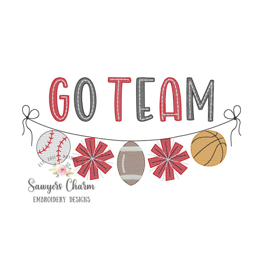 Multi Sports balls with pom poms bunting banner sketch stitch machine embroidery design file, cheerleading, football, basketball, baseball